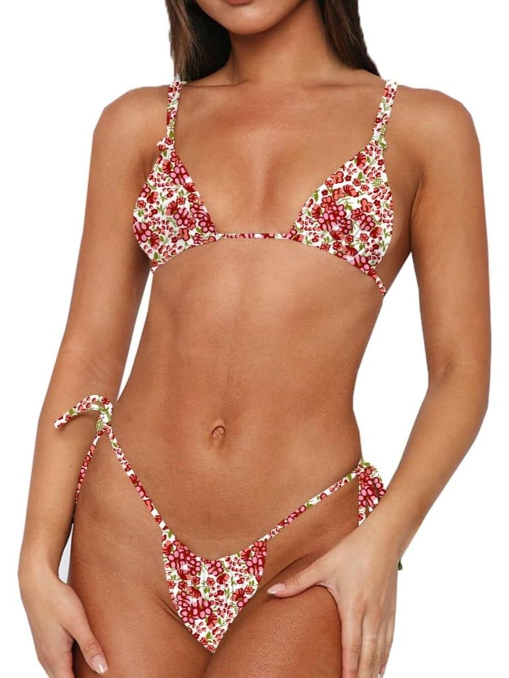 Women's Red Flower Adjustable Shoulder Strap Sexy Bikini Set Two Piece Swimsuits